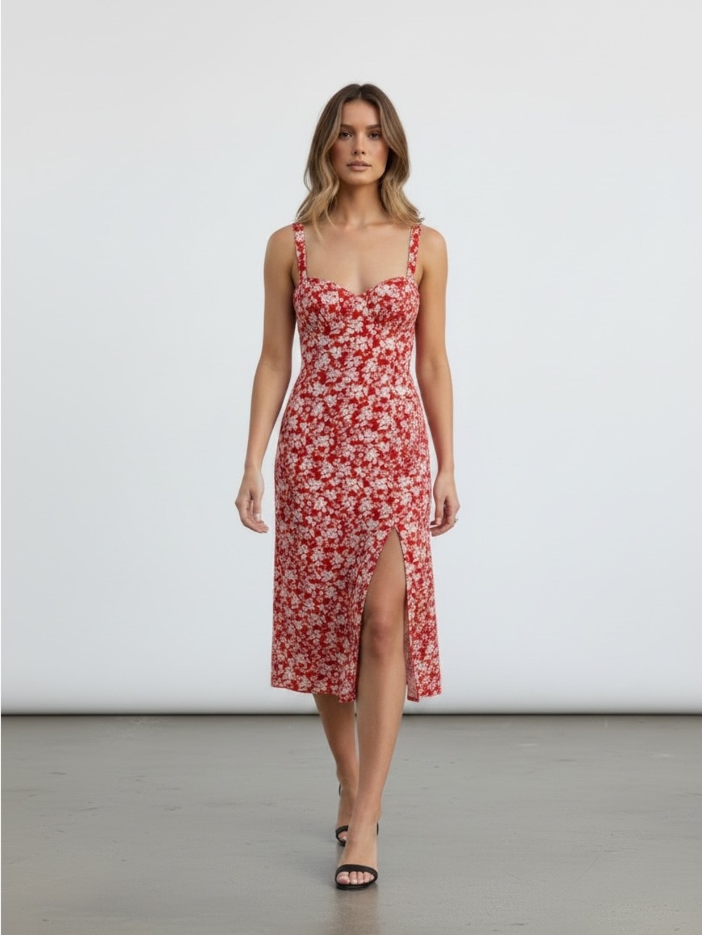 Cotton Candy Red Floral Midi Slip Dress with Side Slit
